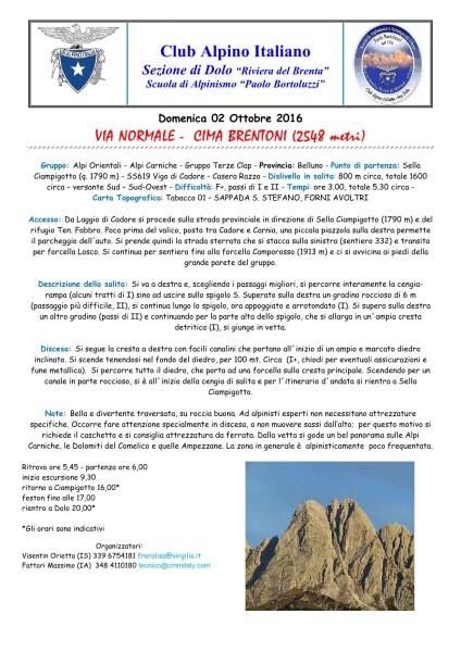 Salita alpinistica a Cima Brentoni 02/10/2016